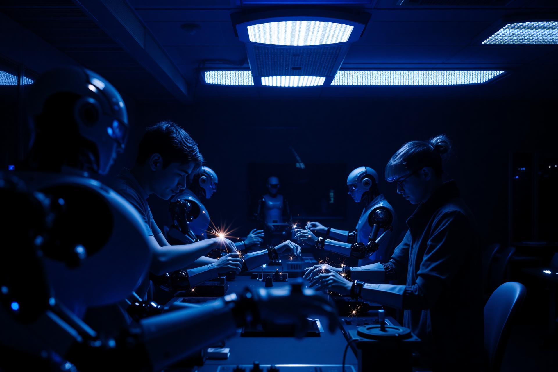Students assembling robots in a futuristic lab